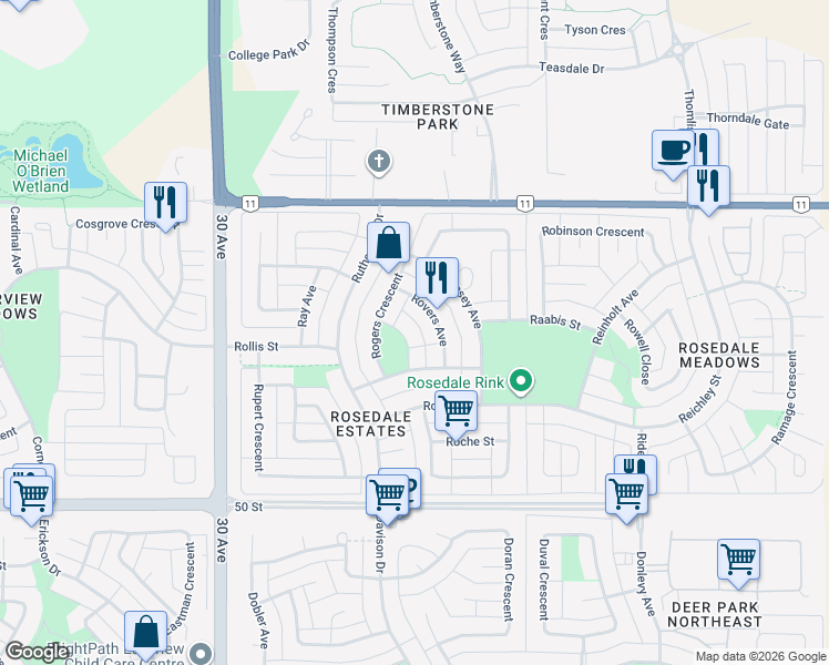 map of restaurants, bars, coffee shops, grocery stores, and more near 11 Rowntree Crescent in Red Deer