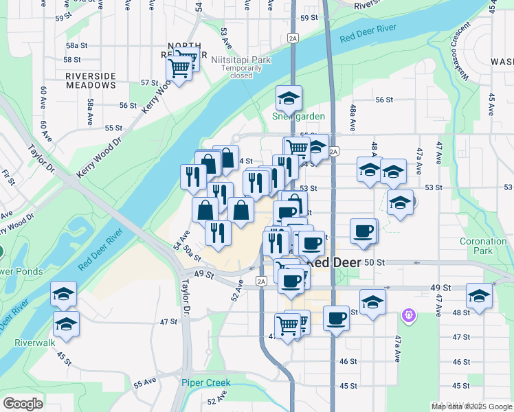 map of restaurants, bars, coffee shops, grocery stores, and more near 5016 51 Avenue in Red Deer