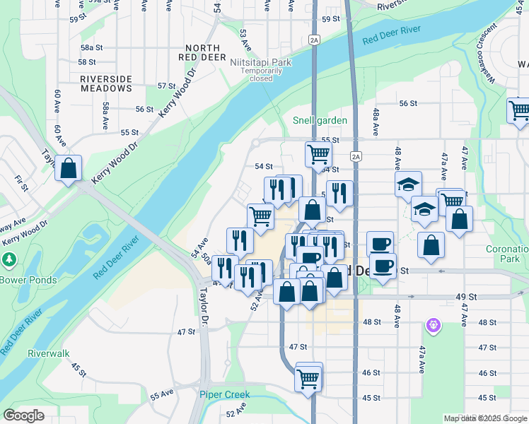 map of restaurants, bars, coffee shops, grocery stores, and more near A-5016 51 Avenue in Red Deer