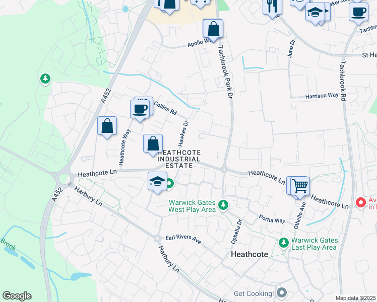 map of restaurants, bars, coffee shops, grocery stores, and more near 2 Hawkes Drive in Royal Leamington Spa