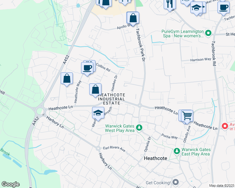 map of restaurants, bars, coffee shops, grocery stores, and more near 2 Hawkes Drive in Royal Leamington Spa