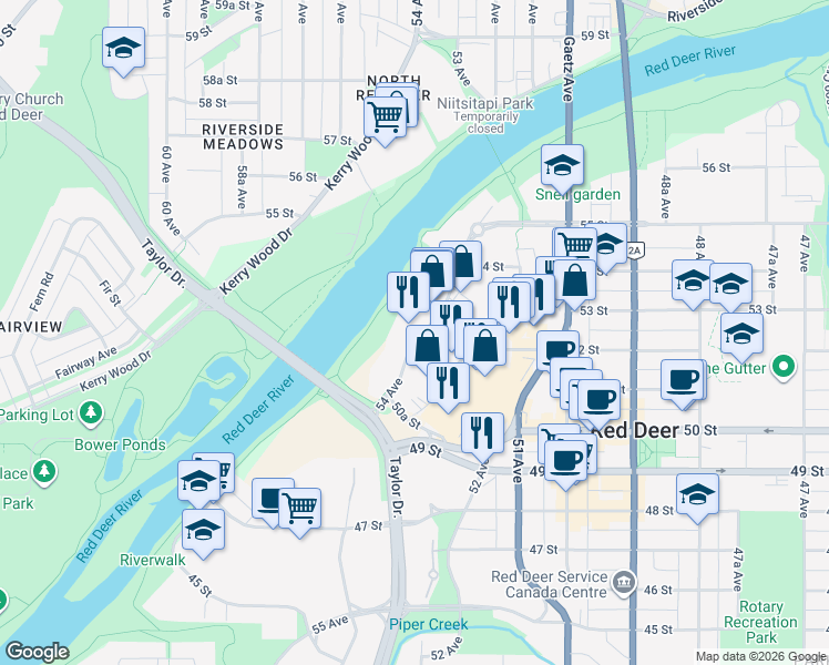 map of restaurants, bars, coffee shops, grocery stores, and more near 4940 54 Avenue in Red Deer