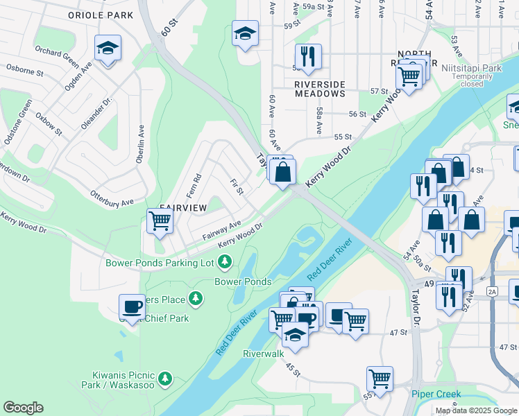 map of restaurants, bars, coffee shops, grocery stores, and more near 1 Fir Street in Red Deer