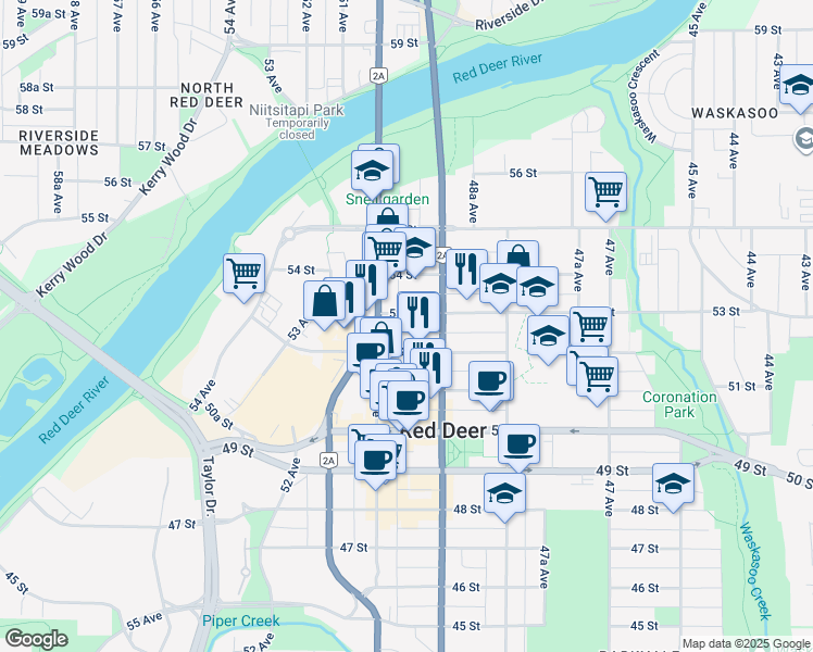 map of restaurants, bars, coffee shops, grocery stores, and more near 4924 53 Street in Red Deer