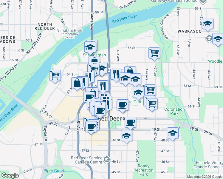 map of restaurants, bars, coffee shops, grocery stores, and more near 150 - 4828 53 Street in Red Deer