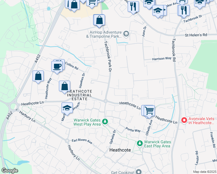 map of restaurants, bars, coffee shops, grocery stores, and more near Tachbrook Park Drive in Royal Leamington Spa