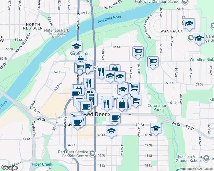map of restaurants, bars, coffee shops, grocery stores, and more near 4813 53 Street in Red Deer
