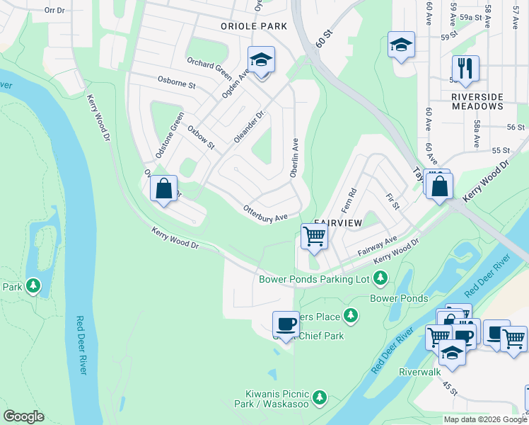 map of restaurants, bars, coffee shops, grocery stores, and more near 32 Otterbury Avenue in Red Deer