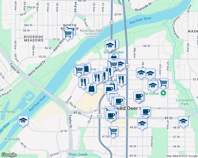 map of restaurants, bars, coffee shops, grocery stores, and more near 5239 53 Avenue in Red Deer