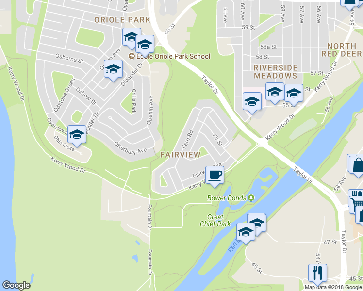 map of restaurants, bars, coffee shops, grocery stores, and more near 34 Fern Road in Red Deer