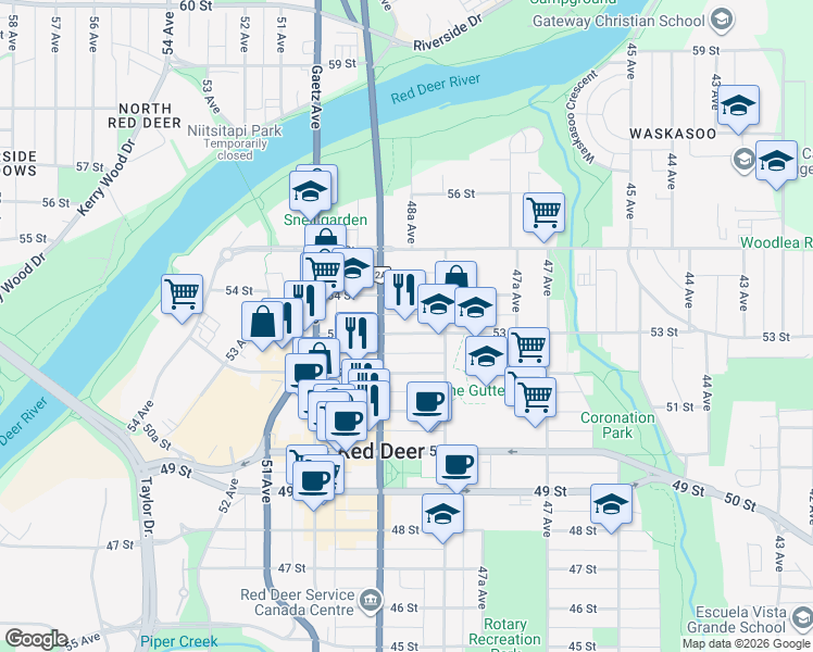 map of restaurants, bars, coffee shops, grocery stores, and more near 4828 53 Street in Red Deer