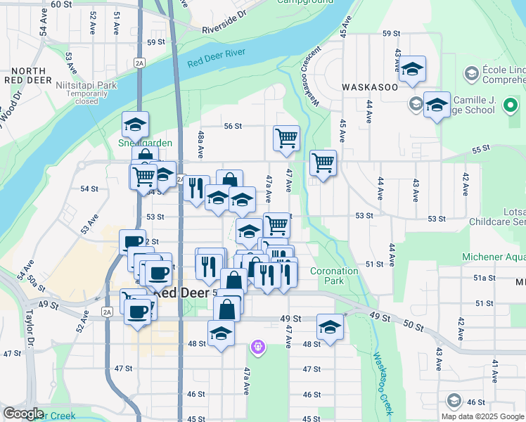 map of restaurants, bars, coffee shops, grocery stores, and more near 4726 53 Street in Red Deer