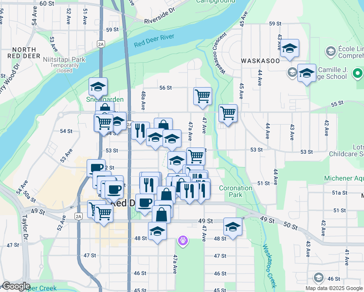 map of restaurants, bars, coffee shops, grocery stores, and more near 4726 53 Street in Red Deer