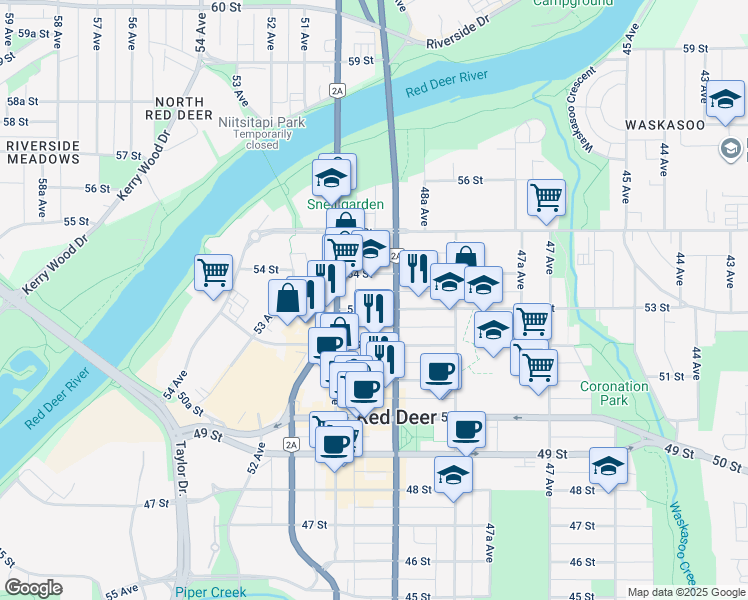 map of restaurants, bars, coffee shops, grocery stores, and more near 4924 53 Street in Red Deer