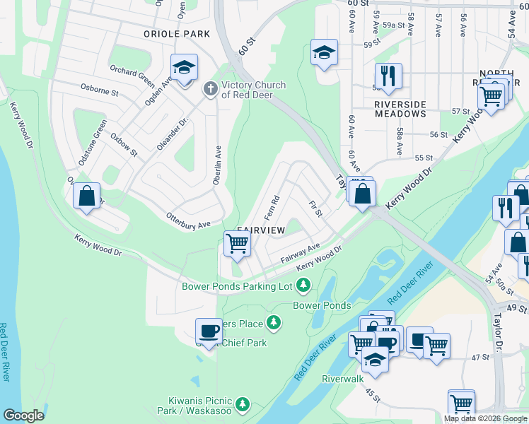 map of restaurants, bars, coffee shops, grocery stores, and more near 34 Fern Road in Red Deer