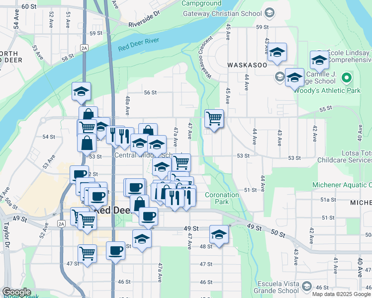 map of restaurants, bars, coffee shops, grocery stores, and more near 5326 47 Avenue in Red Deer