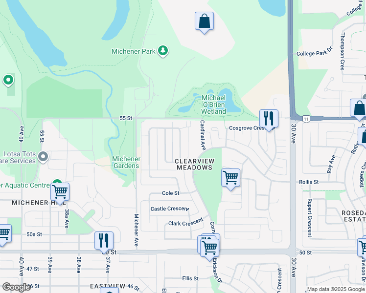 map of restaurants, bars, coffee shops, grocery stores, and more near 23 Cameron Crescent in Red Deer