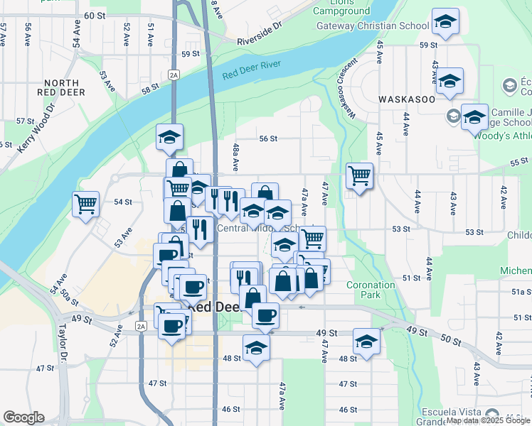 map of restaurants, bars, coffee shops, grocery stores, and more near 4754 53 Street in Red Deer