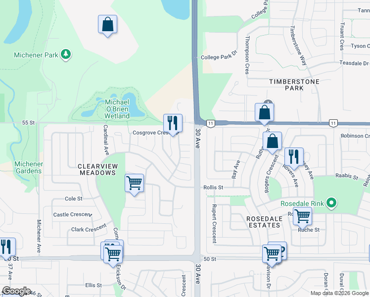 map of restaurants, bars, coffee shops, grocery stores, and more near 41 Cosgrove Crescent in Red Deer