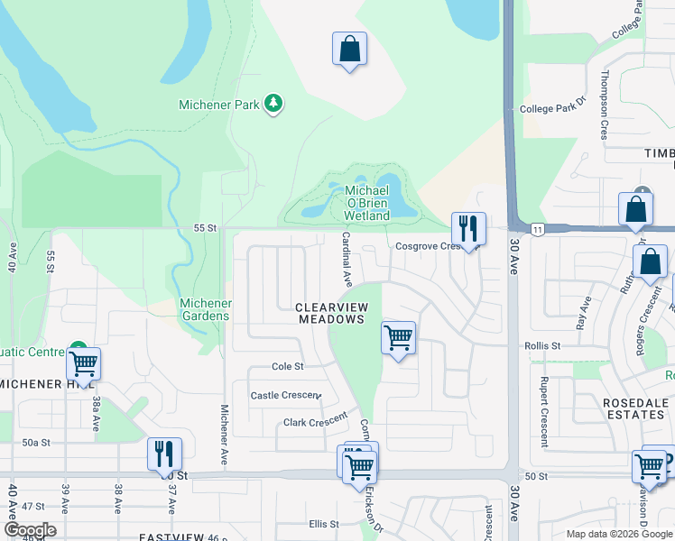 map of restaurants, bars, coffee shops, grocery stores, and more near in Red Deer