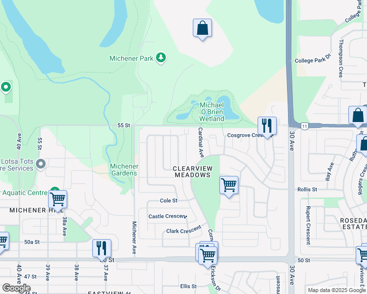 map of restaurants, bars, coffee shops, grocery stores, and more near 31 Cameron Crescent in Red Deer