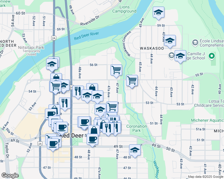 map of restaurants, bars, coffee shops, grocery stores, and more near 5405 47A Avenue in Red Deer