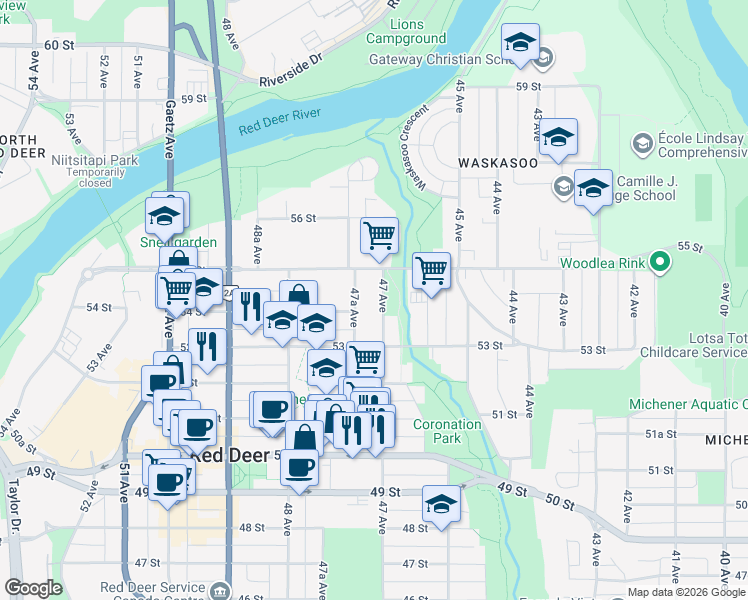 map of restaurants, bars, coffee shops, grocery stores, and more near 5338 47 Avenue in Red Deer