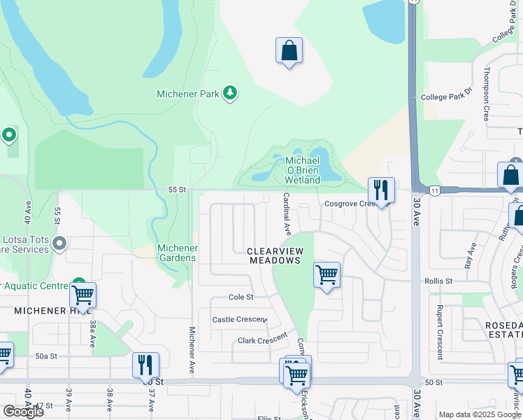 map of restaurants, bars, coffee shops, grocery stores, and more near 57 Cameron Crescent in Red Deer