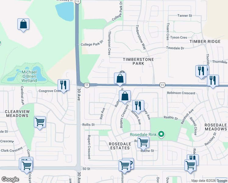 map of restaurants, bars, coffee shops, grocery stores, and more near 8 Russell Crescent in Red Deer