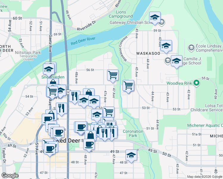 map of restaurants, bars, coffee shops, grocery stores, and more near 5338 47 Avenue in Red Deer