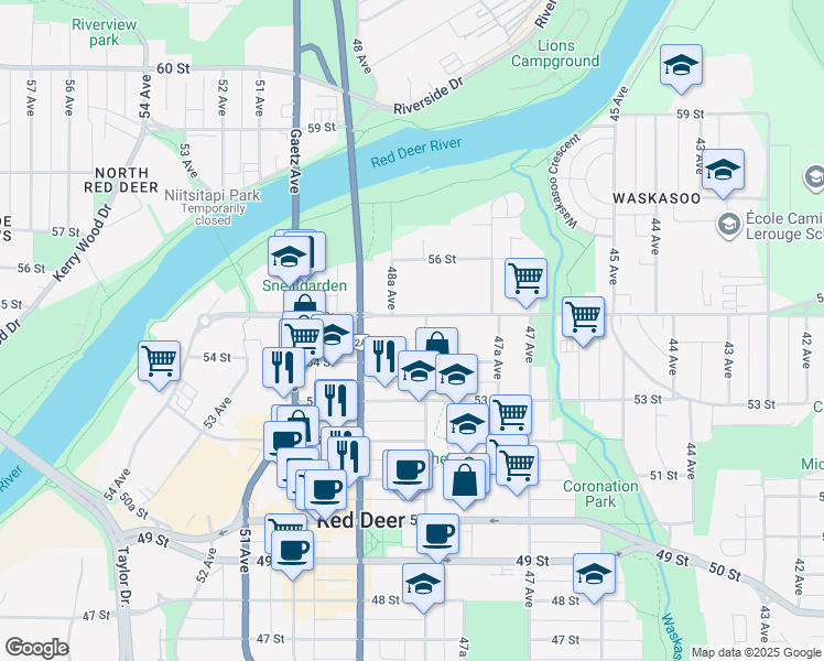map of restaurants, bars, coffee shops, grocery stores, and more near 4811 55 Street in Red Deer