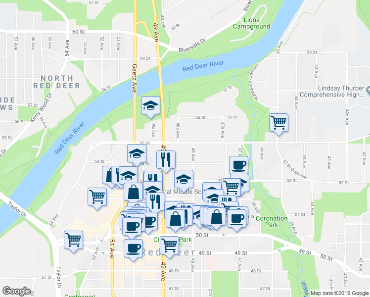 map of restaurants, bars, coffee shops, grocery stores, and more near 4811 55 Street in Red Deer