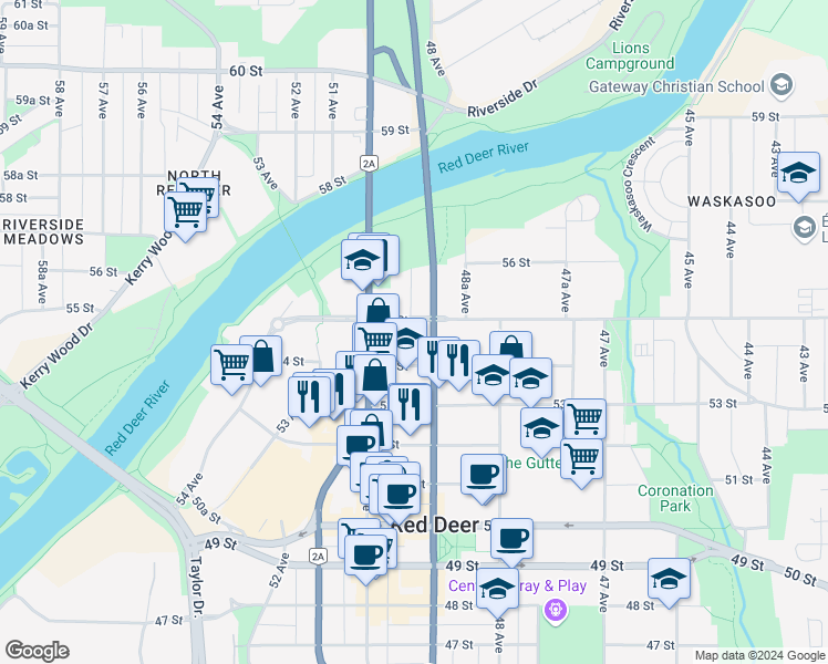 map of restaurants, bars, coffee shops, grocery stores, and more near in Red Deer