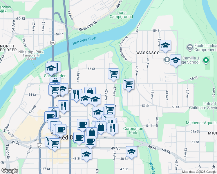 map of restaurants, bars, coffee shops, grocery stores, and more near 5425 47A Avenue in Red Deer