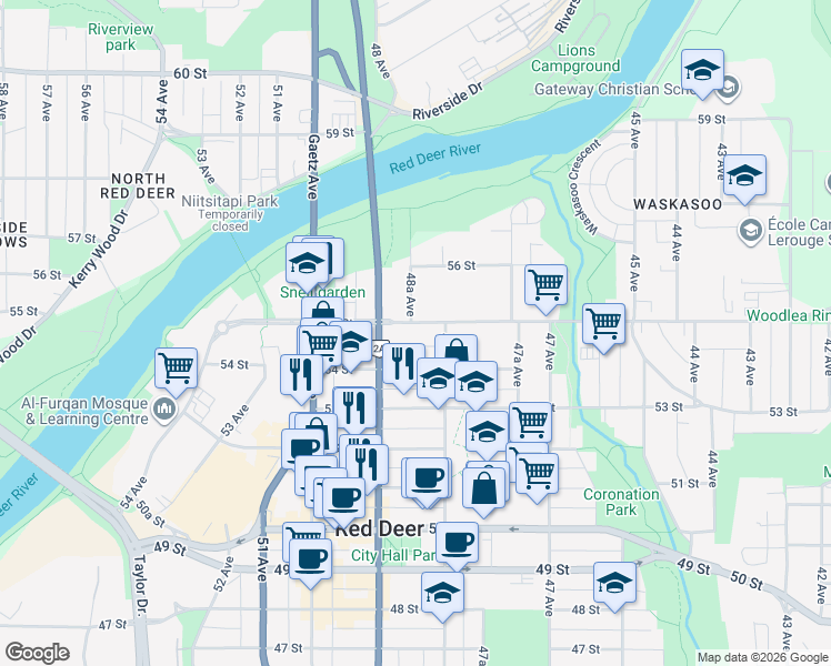 map of restaurants, bars, coffee shops, grocery stores, and more near 4819 55 Street in Red Deer