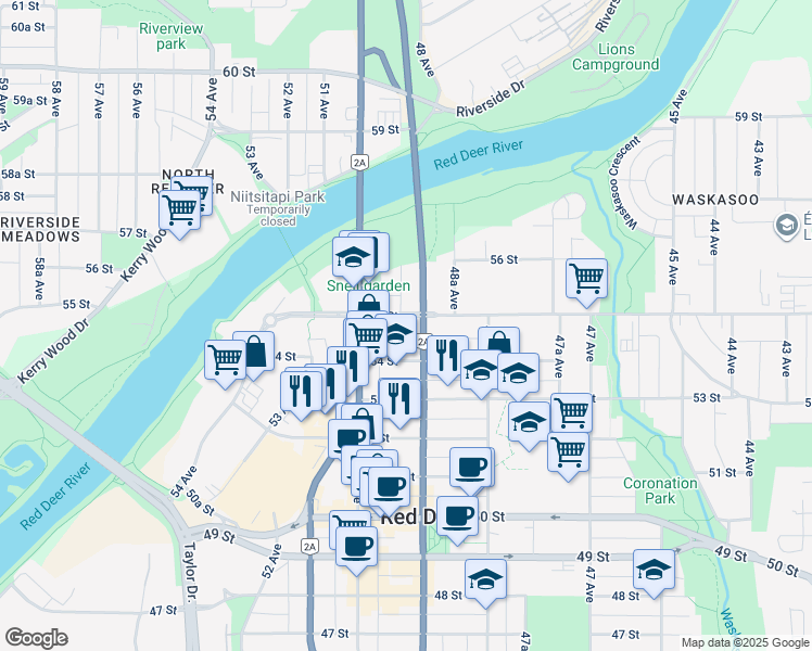 map of restaurants, bars, coffee shops, grocery stores, and more near 4911 55 Street in Red Deer