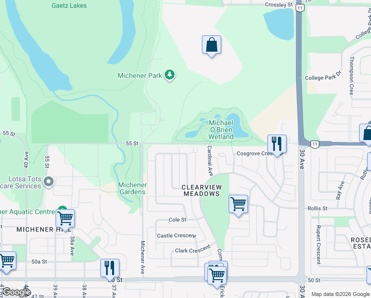 map of restaurants, bars, coffee shops, grocery stores, and more near 53 Cameron Crescent in Red Deer