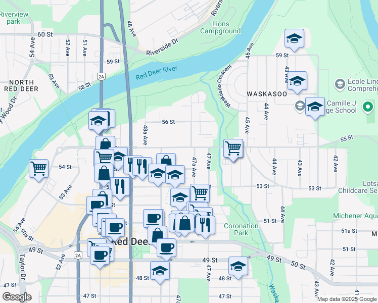 map of restaurants, bars, coffee shops, grocery stores, and more near 4721 55 Street in Red Deer