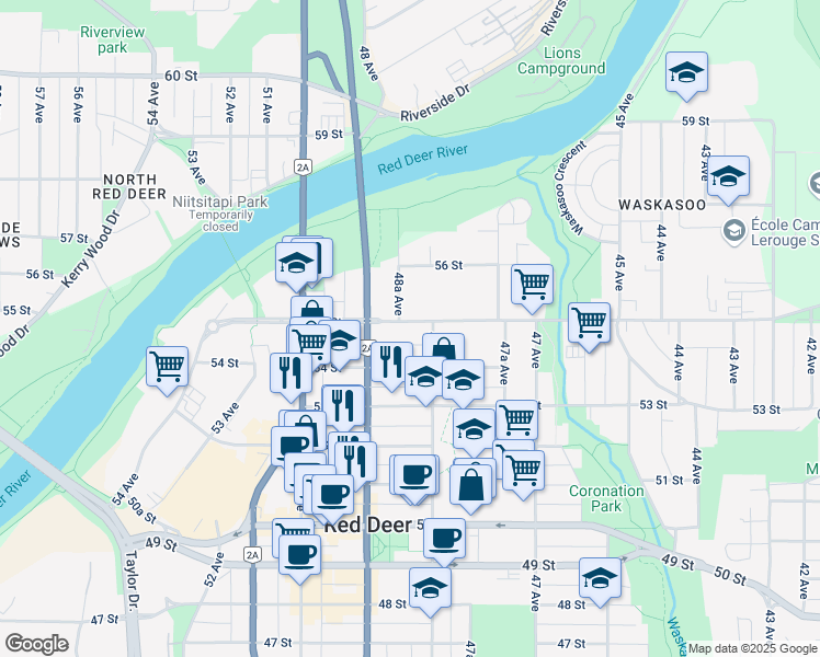 map of restaurants, bars, coffee shops, grocery stores, and more near 4811 55 Street in Red Deer