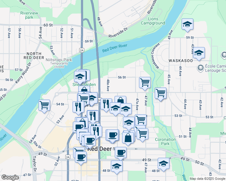 map of restaurants, bars, coffee shops, grocery stores, and more near 4811 55 Street in Red Deer