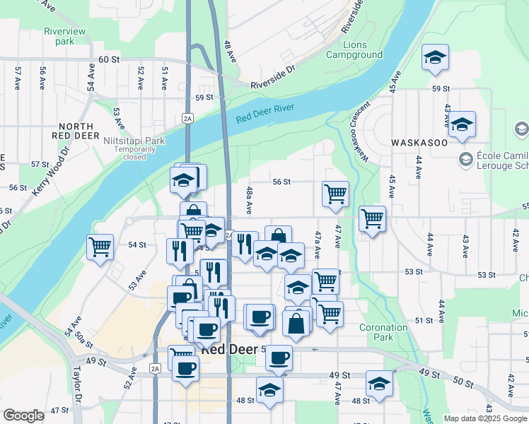 map of restaurants, bars, coffee shops, grocery stores, and more near 4811 55 Street in Red Deer