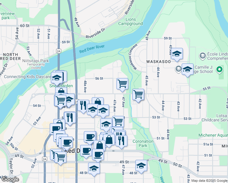 map of restaurants, bars, coffee shops, grocery stores, and more near 4714a 55 Street in Red Deer