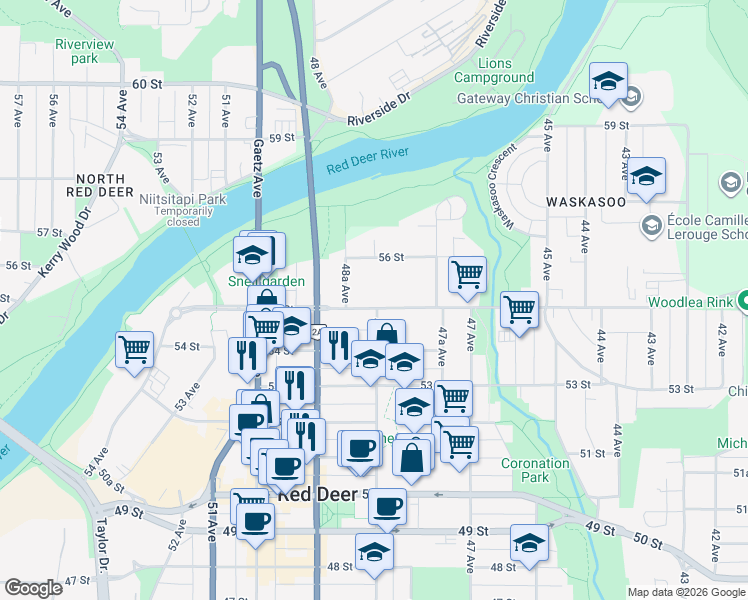 map of restaurants, bars, coffee shops, grocery stores, and more near 4811 55 Street in Red Deer