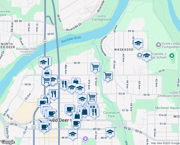 map of restaurants, bars, coffee shops, grocery stores, and more near 4721 55 Street in Red Deer