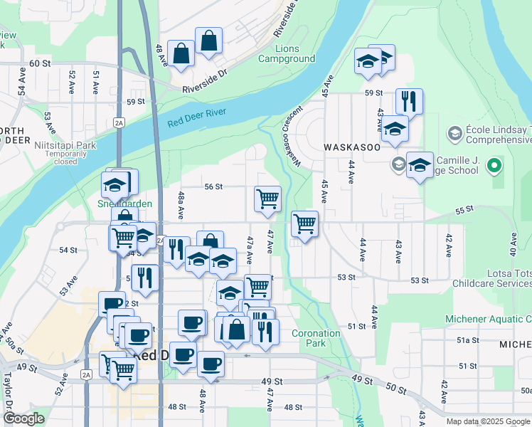 map of restaurants, bars, coffee shops, grocery stores, and more near 4700 55 Street in Red Deer