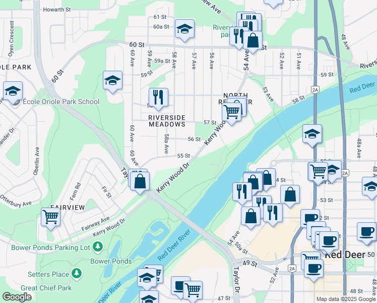 map of restaurants, bars, coffee shops, grocery stores, and more near 5610 55 Street in Red Deer