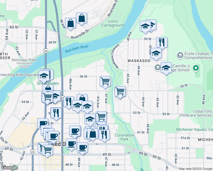 map of restaurants, bars, coffee shops, grocery stores, and more near 4723 56 Street in Red Deer