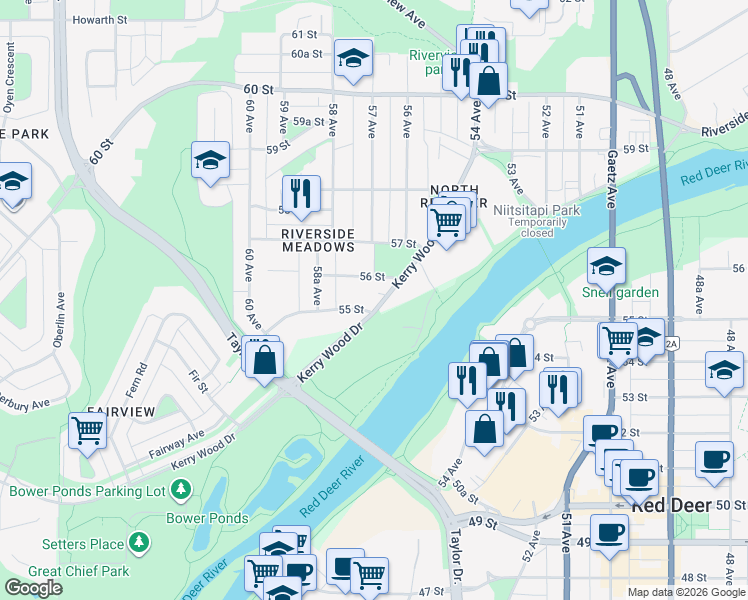 map of restaurants, bars, coffee shops, grocery stores, and more near in Red Deer