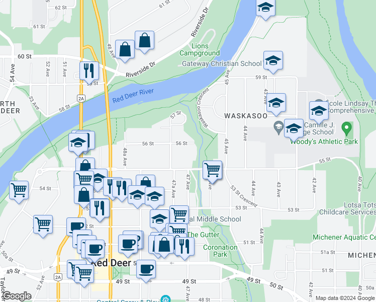 map of restaurants, bars, coffee shops, grocery stores, and more near 4723 56 Street in Red Deer