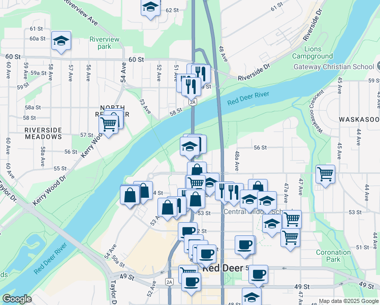 map of restaurants, bars, coffee shops, grocery stores, and more near 5516 50 Avenue in Red Deer